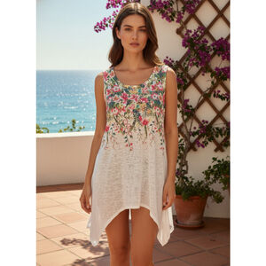 Women's SJS Floral Print Tank or swim cover up XL White Multi new with tags